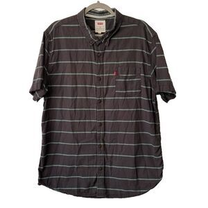 Levi's XXL Striped Button Up Short Sleeves Collared Shirt Navy Blue Teal Men's